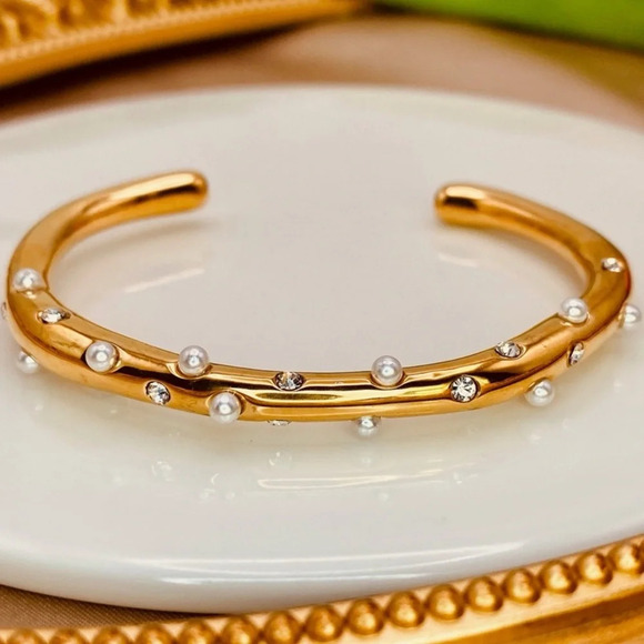 Gorgeous Studded Pearls Diamonds CZ Open Cuff Bracelet in Gold - Picture 1 of 2